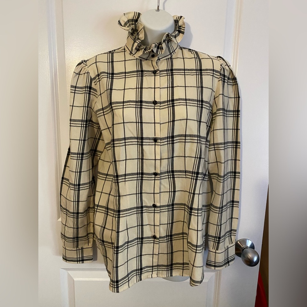 Lauren Ralph Lauren Button Up Long Sleeve Cotton Blouse Ivory Black Size MEDIUM